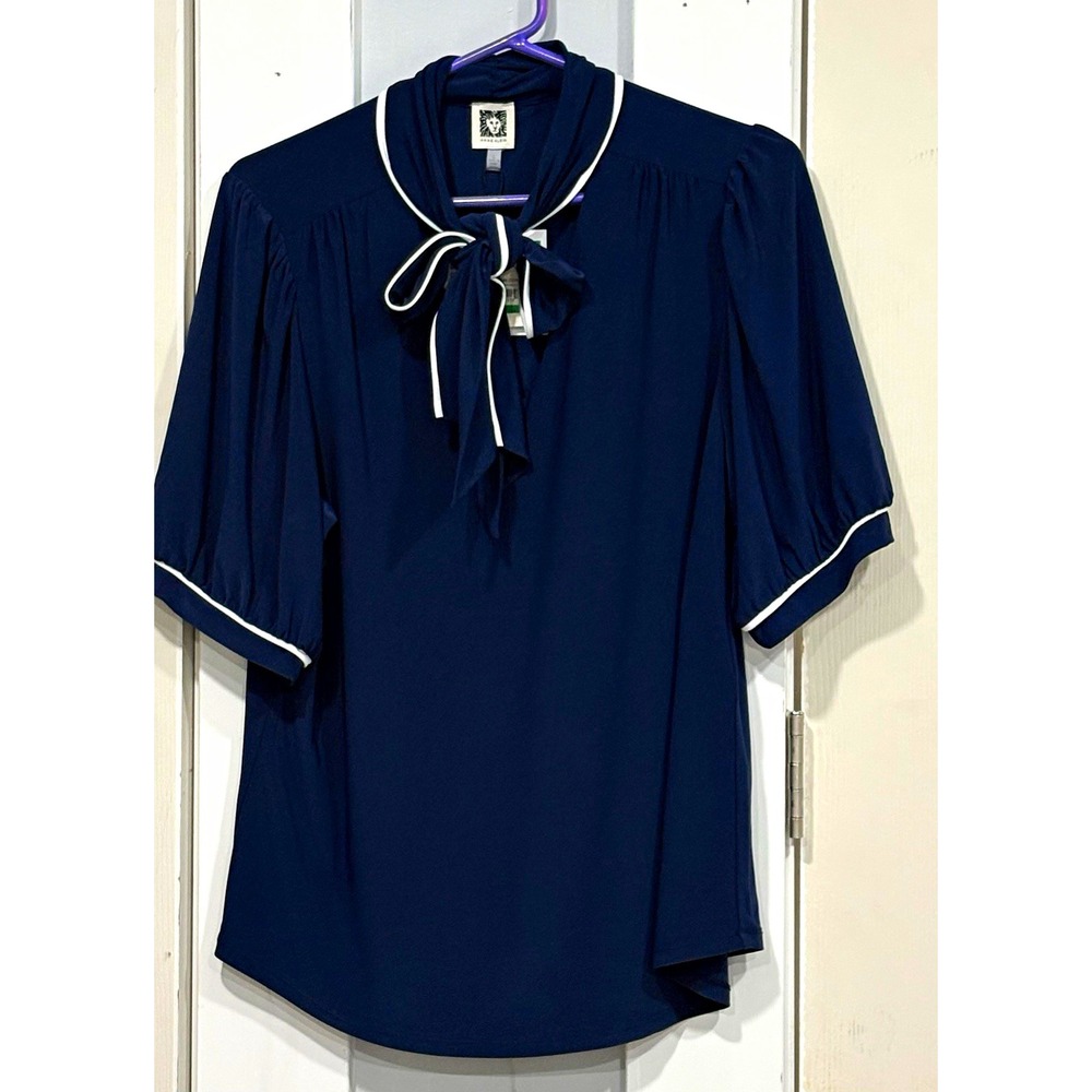 Anne Klein Women's Navy White Tie-Neck Puff Sleeve Knit Blouse Polyester L